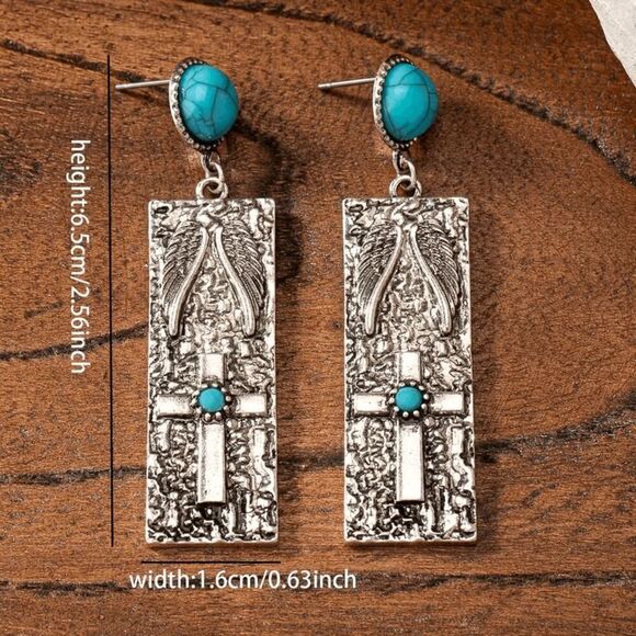 Western Boho Turquoise Cross Dangle Earrings - Picture 4 of 5